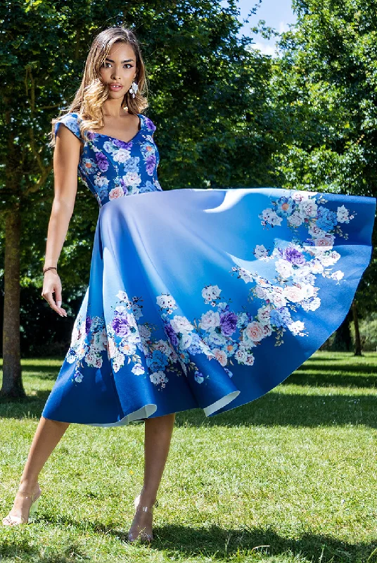 Midi dresses with empire waists for a flattering maternity optionGoddiva Floral Printed Scuba Foam Skater Dress - Blue Midi dresses with empire waists for a flattering maternity optionGoddiva Floral Printed Scuba Foam Skater Dress - Blue