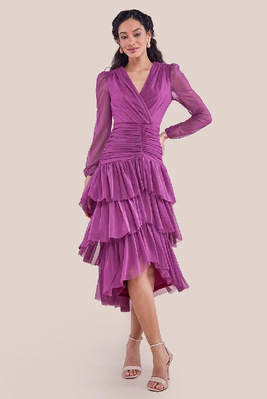 Midi dresses with pom - pom trims for a playful and festive lookGoddiva Gathered High & Low Tiered Midaxi Dress - Berry Midi dresses with pom - pom trims for a playful and festive lookGoddiva Gathered High & Low Tiered Midaxi Dress - Berry