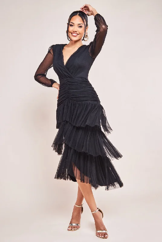 Midi dresses with ruched bodices for a feminine and fitted feelGoddiva Gathered High & Low Tiered Midaxi Dress - Black