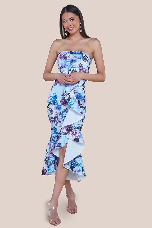 Midi dresses with pleated bodices for a classic and tailored lookGoddiva Ruffled Floral Scuba Foam Bandeau Midi Dress - Blue Midi dresses with pleated bodices for a classic and tailored lookGoddiva Ruffled Floral Scuba Foam Bandeau Midi Dress - Blue