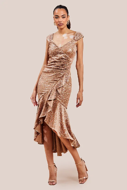 Midi dresses with metallic threads for a glamorous evening eventGoddiva Sequin & Velvet Bardot High Low Midaxi Dress - Champagne Midi dresses with metallic threads for a glamorous evening eventGoddiva Sequin & Velvet Bardot High Low Midaxi Dress - Champagne