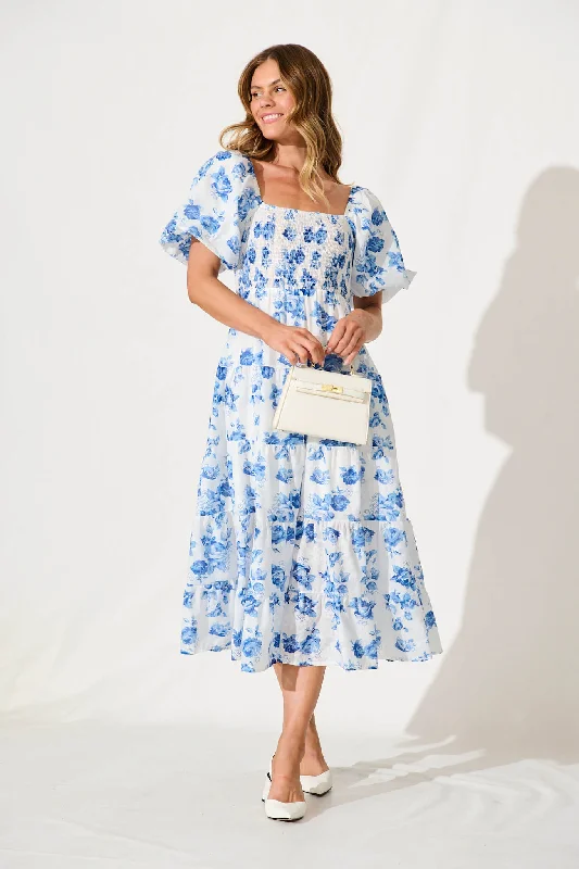 Midi dresses with mesh inserts for a trendy and breathable optionLuella Midi Dress In White With Blue Floral Cotton Blend Midi dresses with mesh inserts for a trendy and breathable optionLuella Midi Dress In White With Blue Floral Cotton Blend