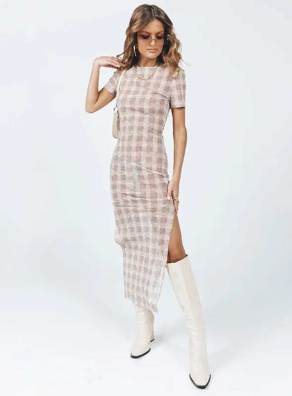 Midi dresses with abstract art prints for an artistic statementMayfair Midi Dress Beige Plaid Midi dresses with abstract art prints for an artistic statementMayfair Midi Dress Beige Plaid