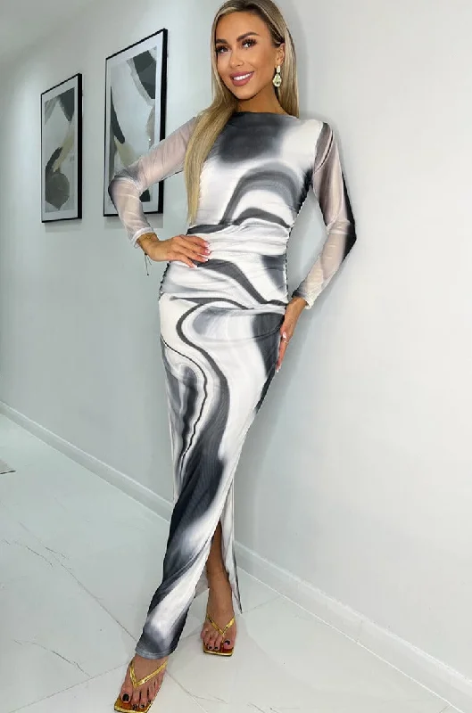 Midi dresses with keyhole backs for a flirty and unexpected detailNerissa Monochrome Mesh Print Dress