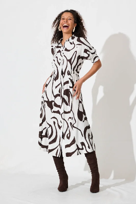Midi dresses with pleated bodices for a classic and tailored lookSheraton Midi Shirt Dress In White With Chocolate Swirl Linen Blend Midi dresses with pleated bodices for a classic and tailored lookSheraton Midi Shirt Dress In White With Chocolate Swirl Linen Blend