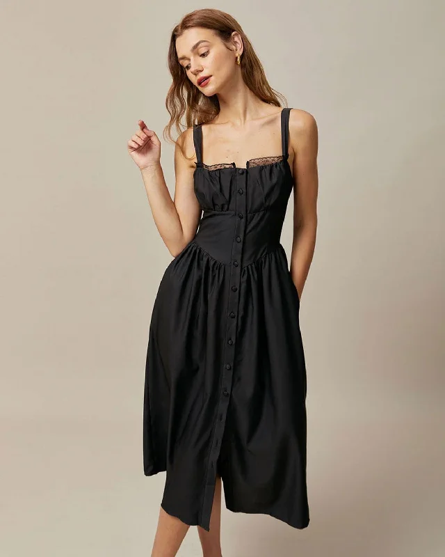 Midi dresses with ruched bodices for a feminine and fitted feelThe Black Square Neck Lace Cami Midi Dress Midi dresses with ruched bodices for a feminine and fitted feelThe Black Square Neck Lace Cami Midi Dress