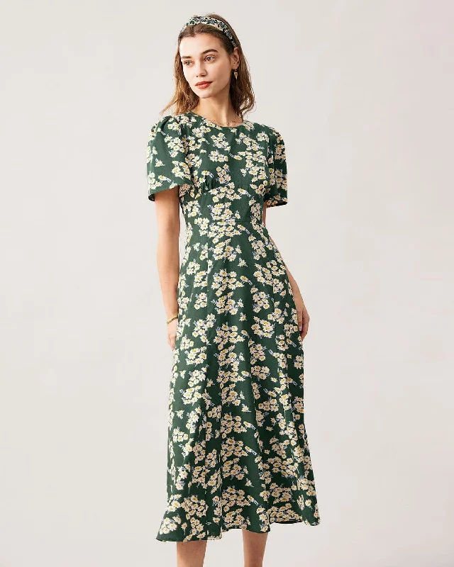 Midi dresses with cold - shoulder cutouts for a trendy styleThe Green Round Neck Short Sleeve Floral Midi Dress Midi dresses with cold - shoulder cutouts for a trendy styleThe Green Round Neck Short Sleeve Floral Midi Dress