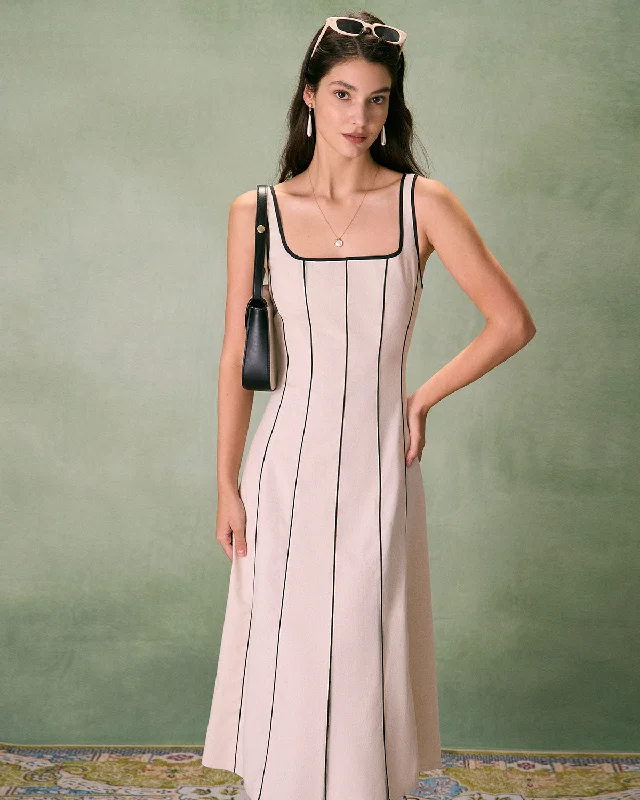 Midi dresses with sheer panels for a touch of allureThe Khaki Square Neck Contrast Midi Dress Midi dresses with sheer panels for a touch of allureThe Khaki Square Neck Contrast Midi Dress