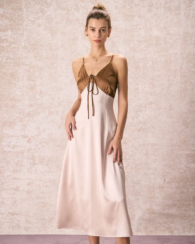 Velvet midi dresses in jewel tones for a glamorous winter eventThe Khaki V-Neck Colorblock Satin Midi Dress Velvet midi dresses in jewel tones for a glamorous winter eventThe Khaki V-Neck Colorblock Satin Midi Dress