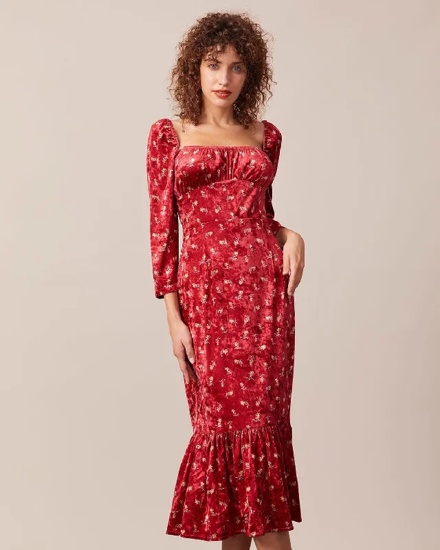 Midi dresses with empire waists for a flattering maternity optionThe Red Square Neck Floral Velvet Midi Dress Midi dresses with empire waists for a flattering maternity optionThe Red Square Neck Floral Velvet Midi Dress