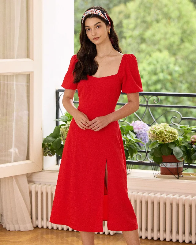 Midi dresses with ruffled sleeves for a more feminine and voluminous lookThe Red Sweetheart Neck Slit Midi Dress Midi dresses with ruffled sleeves for a more feminine and voluminous lookThe Red Sweetheart Neck Slit Midi Dress