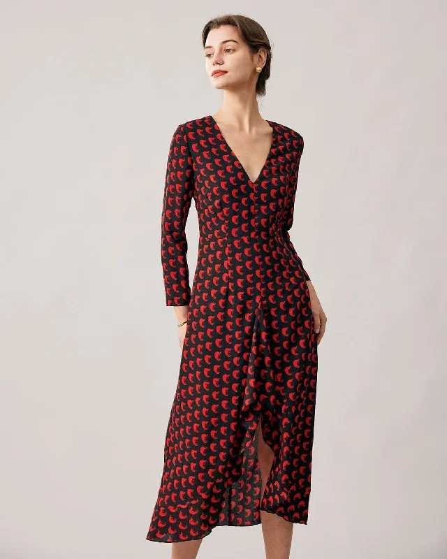 Midi dresses with ruffled bodices for a more pronounced feminine lookThe Red V Neck Slit Long Sleeve Midi Dress Midi dresses with ruffled bodices for a more pronounced feminine lookThe Red V Neck Slit Long Sleeve Midi Dress