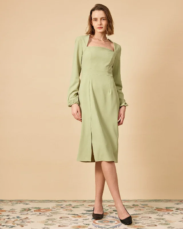 Midi dresses with patchwork patterns for a one - of - a - kind styleThe Solid Square Neck Long Sleeve Dress Midi dresses with patchwork patterns for a one - of - a - kind styleThe Solid Square Neck Long Sleeve Dress
