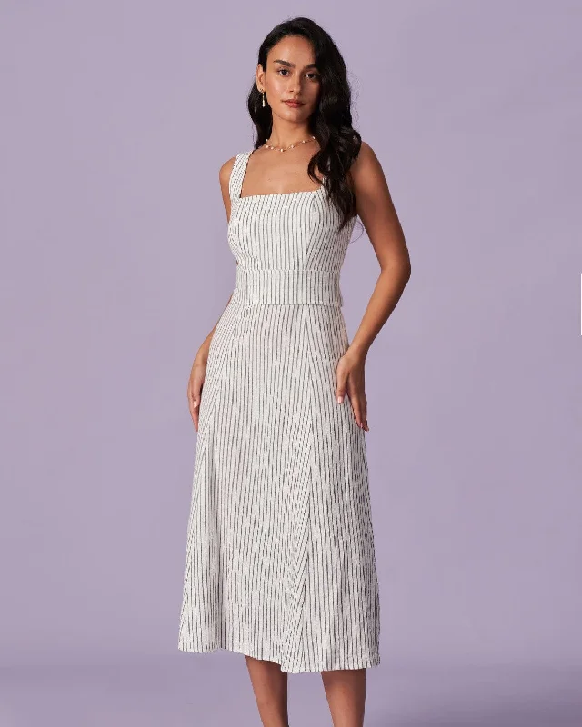 Midi dresses with animal prints for a bold and confident appearanceThe White Square Neck Striped Midi Dress