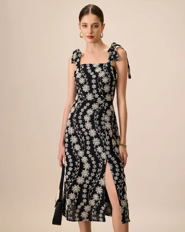 Midi dresses with lace - up fronts for a unique and adjustable styleWomen's Black Cotton Embroidery Slit Midi Dress Midi dresses with lace - up fronts for a unique and adjustable styleWomen's Black Cotton Embroidery Slit Midi Dress