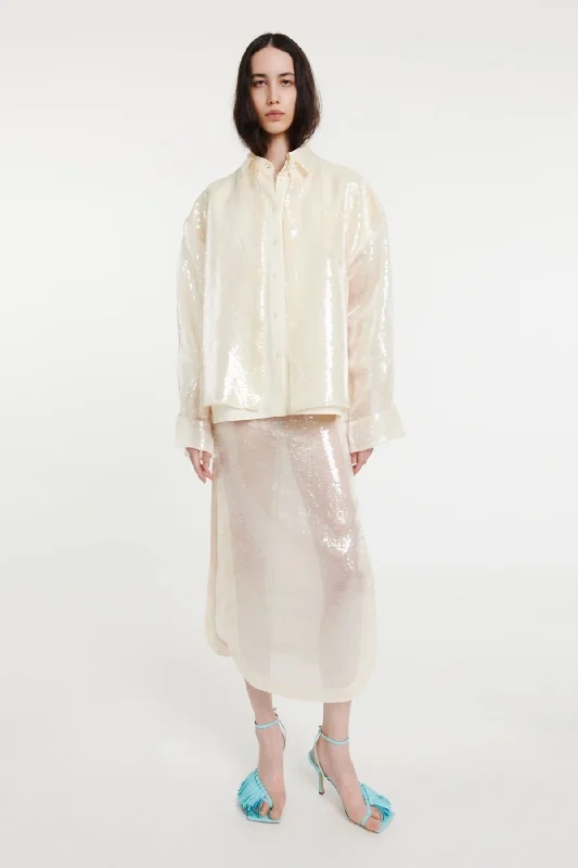 Denim Top for a Music Festival with a Rock - n - Roll VibeA.W.A.K.E Mode Sequined Double Trompe L'Oeil Shirt - Ivory Denim Top for a Music Festival with a Rock - n - Roll VibeA.W.A.K.E Mode Sequined Double Trompe L'Oeil Shirt - Ivory