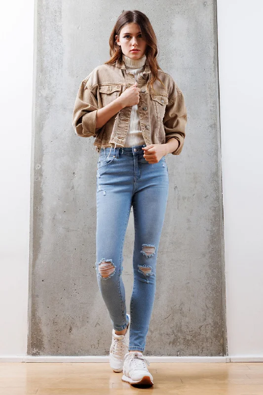 Patchwork Denim Top with a Unique and Artistic AppealHigh Rise Destructed Skinny Jeans