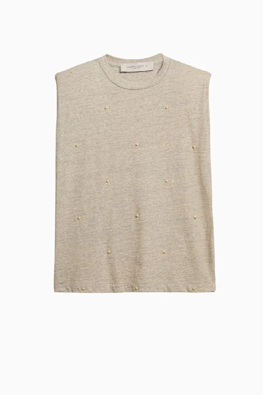 Sleeveless Denim Top for a Cool Summer LookGolden Goose Scattered Pearl Sleeveless T-Shirt - Melange Grey/ Heritage White Sleeveless Denim Top for a Cool Summer LookGolden Goose Scattered Pearl Sleeveless T-Shirt - Melange Grey/ Heritage White