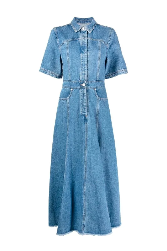 Ripped Denim Top for a Rebellious Fashion StatementMSGM Short Sleeve Denim Midi Dress - Blue Ripped Denim Top for a Rebellious Fashion StatementMSGM Short Sleeve Denim Midi Dress - Blue