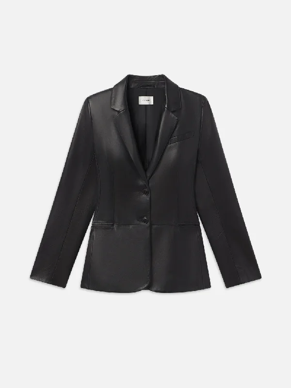 Denim Top with a Peplum Hem for a Flirty and Feminine LookThe Femme Leather Blazer -- Black Denim Top with a Peplum Hem for a Flirty and Feminine LookThe Femme Leather Blazer -- Black
