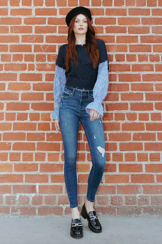 Button - Down Denim Top with a Classic DesignDestructed Skinny Jeans
