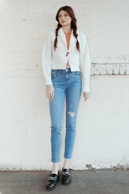 Denim Top with a Metallic Accent for a Shiny LookDestructed Skinny Jeans