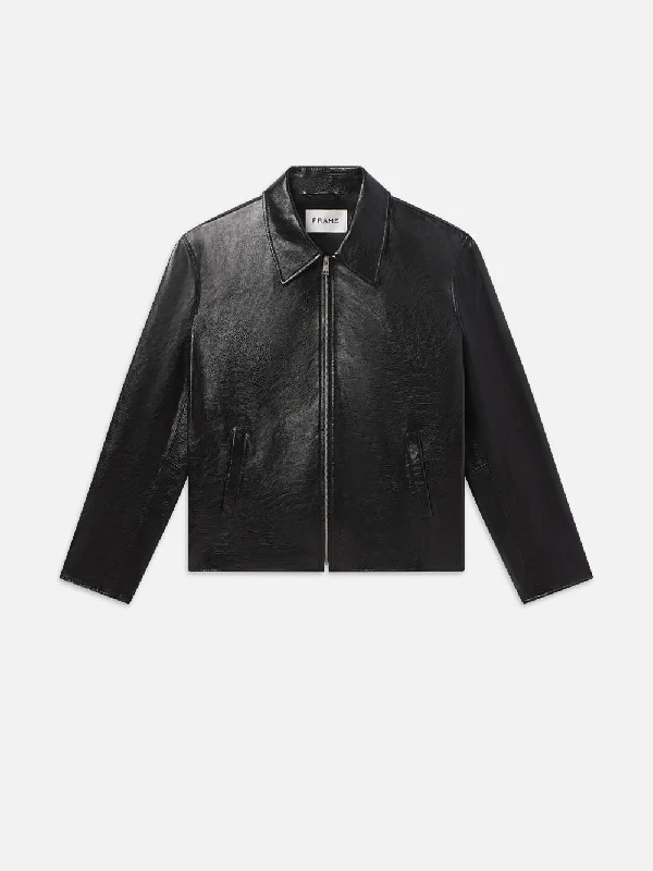 Cropped Denim Top to Pair with High - Waisted BottomsZip Up Leather Jacket -- Black