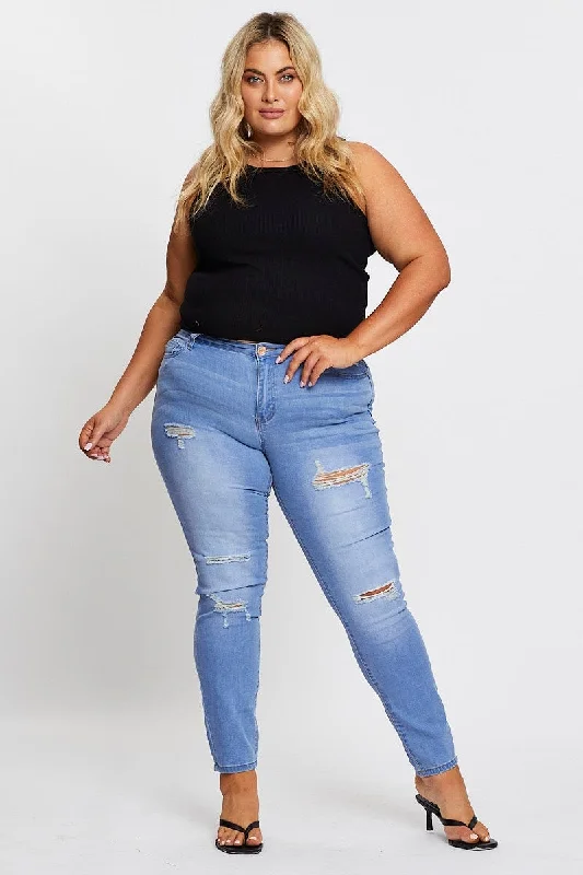 Women's eco - friendly organic pants Mom jeans for a nostalgic and casual look Blue Denim Jean Mid Rise Ripped Skinny Women's eco - friendly organic pants Mom jeans for a nostalgic and casual look Blue Denim Jean Mid Rise Ripped Skinny