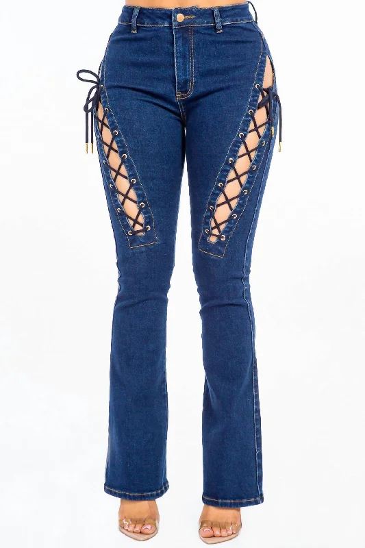Women's pants for dancing Acid - wash women jeans with a retro finish Chic Lace Up High Rise Denim In Dark Blue Women's pants for dancing Acid - wash women jeans with a retro finish Chic Lace Up High Rise Denim In Dark Blue