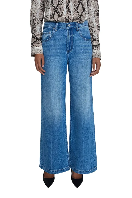 Women's pants for travel Embellished women jeans with studs or rhinestones for a glamorous touch Jadyn Low Slung Palazzo Jeans In Echo Park