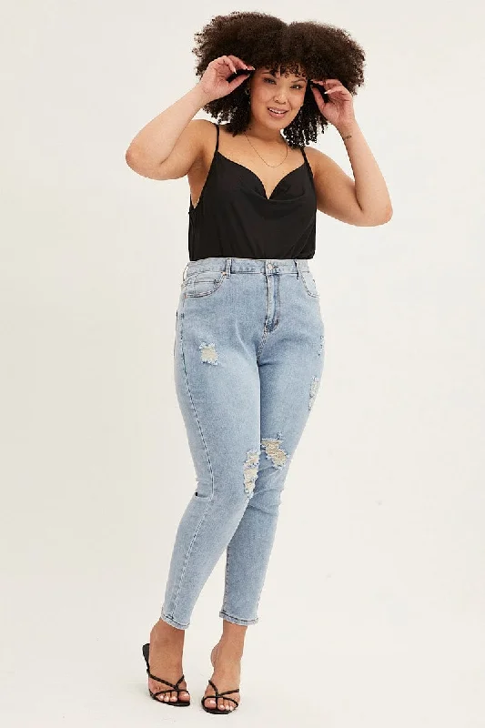 Women's matching top and pants set Mom jeans for a nostalgic and casual look Blue High Rise Knee Slash Skinny Denim Jean Women's matching top and pants set Mom jeans for a nostalgic and casual look Blue High Rise Knee Slash Skinny Denim Jean