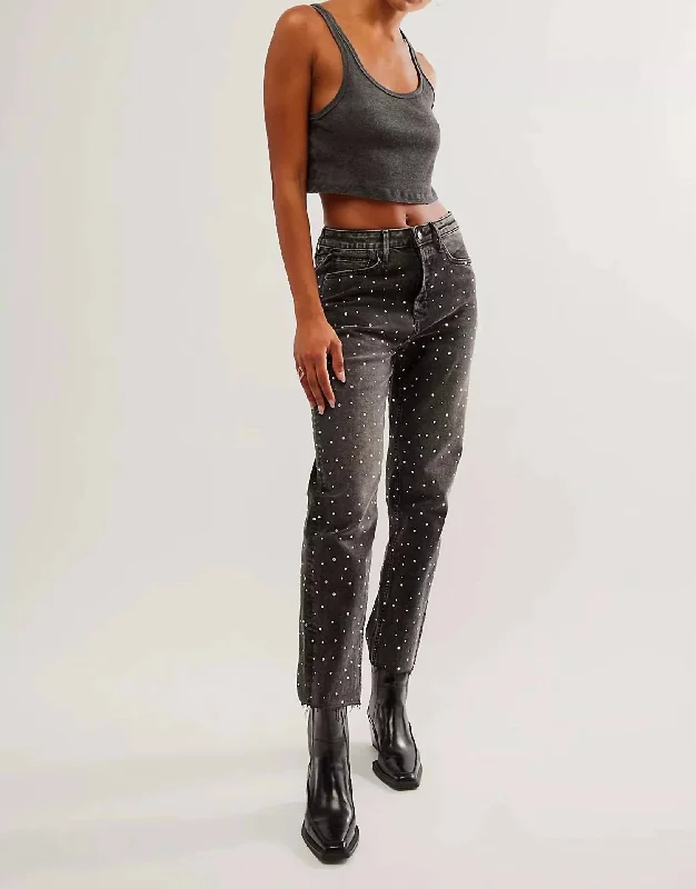 Women's long - sleeve jumpsuit pants Straight - leg women jeans with a classic and timeless appeal Rhinestone Jean In Black Women's long - sleeve jumpsuit pants Straight - leg women jeans with a classic and timeless appeal Rhinestone Jean In Black