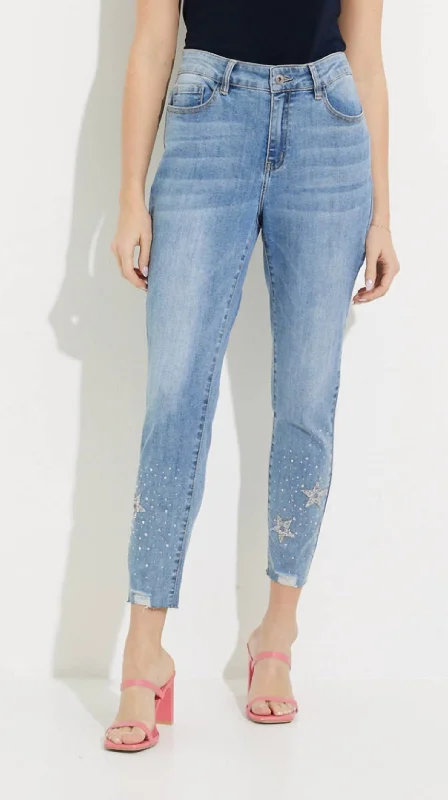 Women's pants for cocktail parties Distressed women jeans for a trendy and edgy look Star Bling Lower Leg Jeans In Medium Blue Women's pants for cocktail parties Distressed women jeans for a trendy and edgy look Star Bling Lower Leg Jeans In Medium Blue