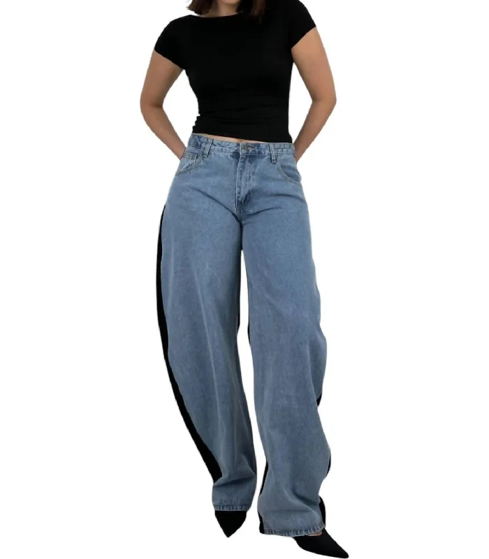 Women's pants for skiing Stretch women jeans for enhanced mobility and comfort Two Tone Barrel Leg Jeans In Light Blue And Black Women's pants for skiing Stretch women jeans for enhanced mobility and comfort Two Tone Barrel Leg Jeans In Light Blue And Black