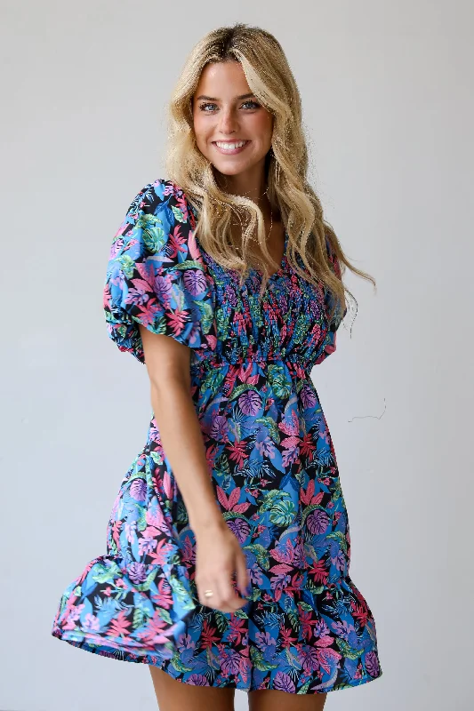 Mini dresses with off - the - shoulder stylesFINAL SALE - Bahama Beauty Blue Leaf Print Mini Dress Mini dresses with off - the - shoulder stylesFINAL SALE - Bahama Beauty Blue Leaf Print Mini Dress
