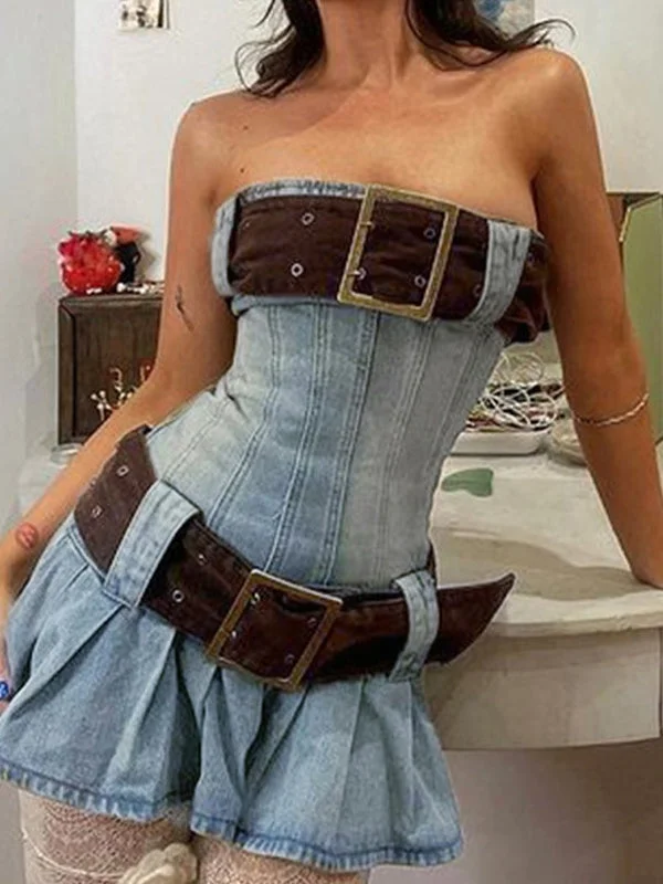 Mini dresses with wrap - around stylesBerryBetty - Buckle Belt Strapless Denim Mini Dress Mini dresses with wrap - around stylesBerryBetty - Buckle Belt Strapless Denim Mini Dress