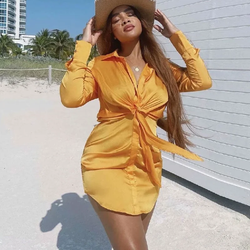 Mini dresses with halter necks for a stylish choiceBerryBetty - V Neck Knotted Long Sleeve Satin Shirt Mini Dress - Gold Mini dresses with halter necks for a stylish choiceBerryBetty - V Neck Knotted Long Sleeve Satin Shirt Mini Dress - Gold