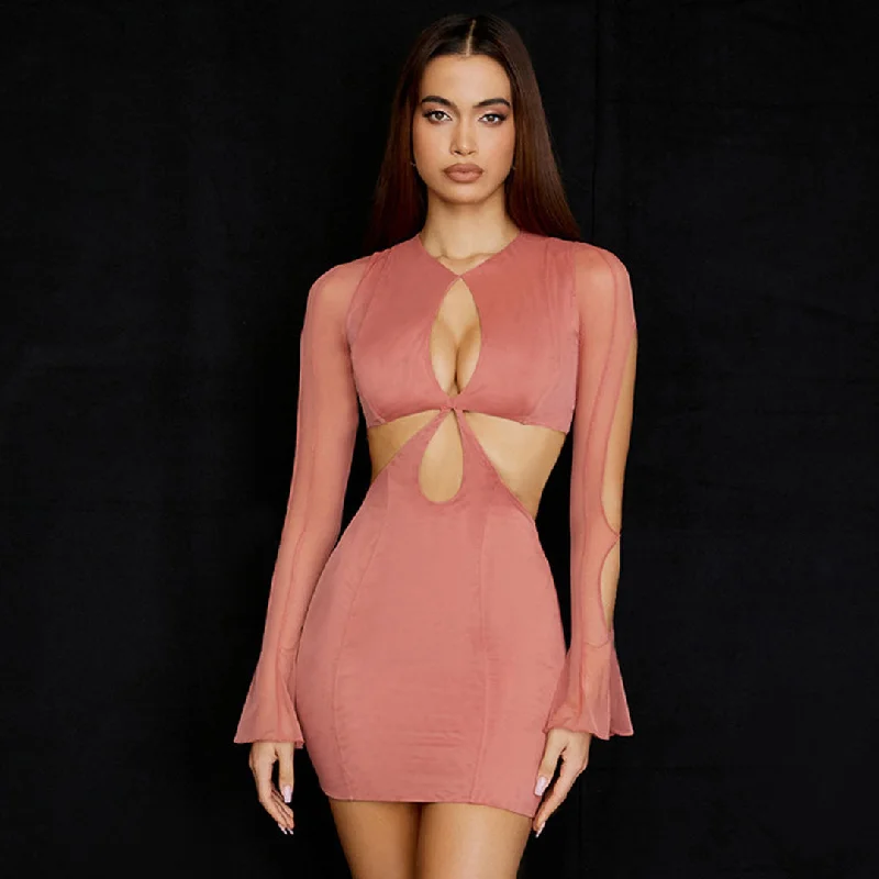 Mini dresses with tassel accents for a fun touchBerryBetty - Round Neck Long Sleeve Cut Out Bodycon Mini Dress - Coral Pink Mini dresses with tassel accents for a fun touchBerryBetty - Round Neck Long Sleeve Cut Out Bodycon Mini Dress - Coral Pink