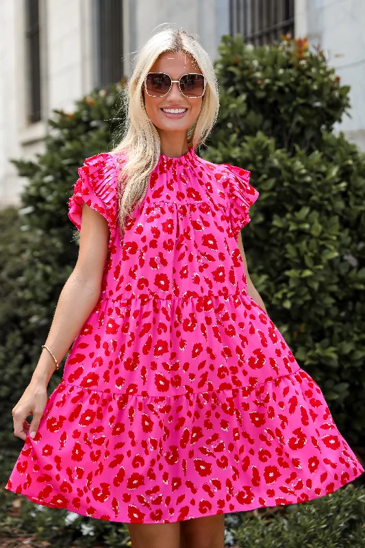 Mini dresses with halter necks for a stylish choiceFINAL SALE - Latest Crush Hot Pink Leopard Tiered Mini Dress