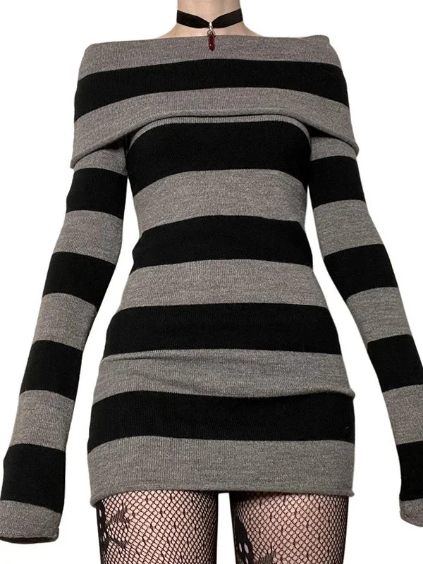 Mini dresses with spaghetti straps for a delicate lookBerryBetty - Off Shoulder Long Sleeve Striped Knit Mini Dress Mini dresses with spaghetti straps for a delicate lookBerryBetty - Off Shoulder Long Sleeve Striped Knit Mini Dress