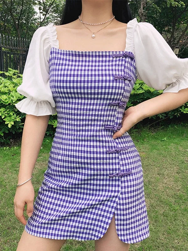 Mini dresses with cut - out details for a trendy lookBerryBetty - Patchwork Checkered Puff Sleeve Mini Dress Mini dresses with cut - out details for a trendy lookBerryBetty - Patchwork Checkered Puff Sleeve Mini Dress