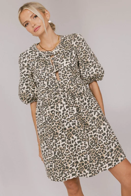 Mini dresses with puff sleeves for a vintage lookTori Peplum Mini Dress in Leopard