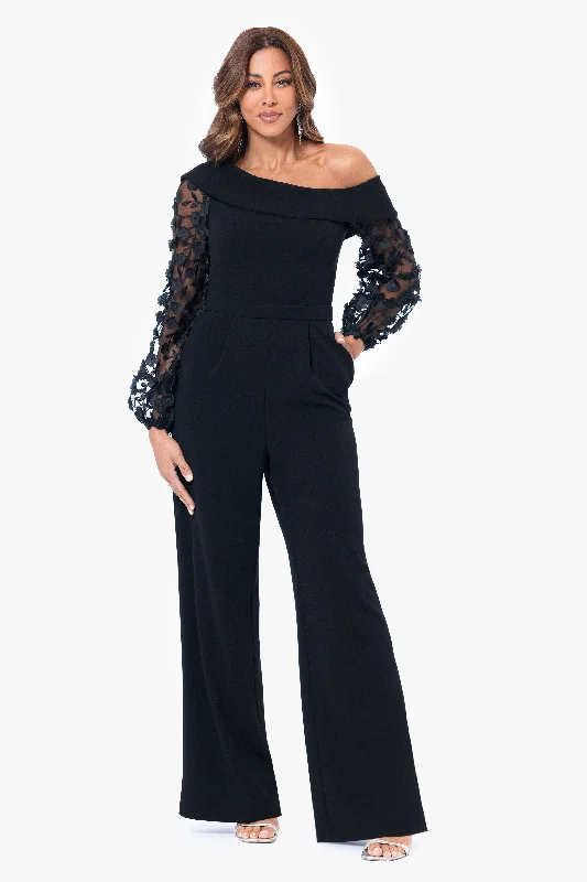 Ribbed - texture cocktail dresses with a cap - sleeve design"Marina" Long 3D Sleeve Scuba Crepe Jumpsuit Ribbed - texture cocktail dresses with a cap - sleeve design"Marina" Long 3D Sleeve Scuba Crepe Jumpsuit
