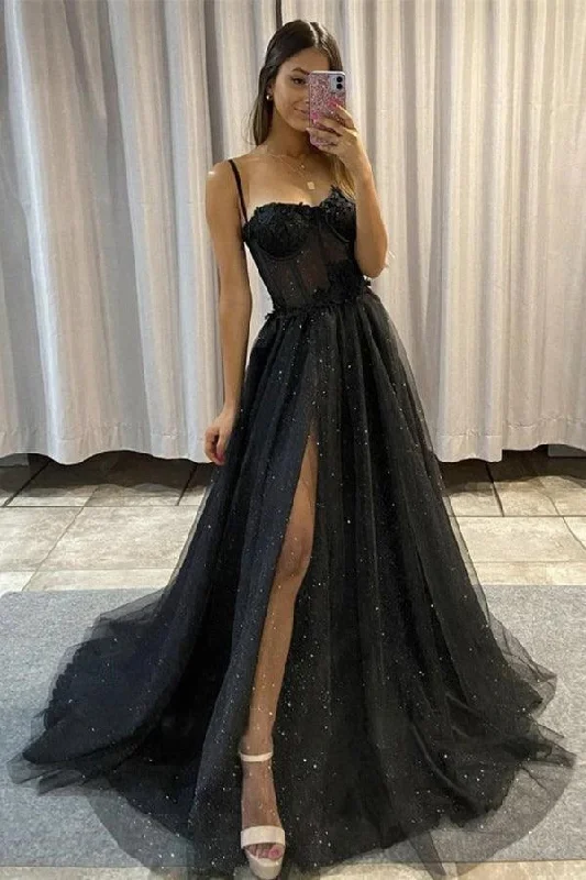 Velvet party dresses in rich jewel tones for a sophisticated appearanceA-line Tulle Sweetheart Black Long Prom Dress Split Dress PSK305 Velvet party dresses in rich jewel tones for a sophisticated appearanceA-line Tulle Sweetheart Black Long Prom Dress Split Dress PSK305