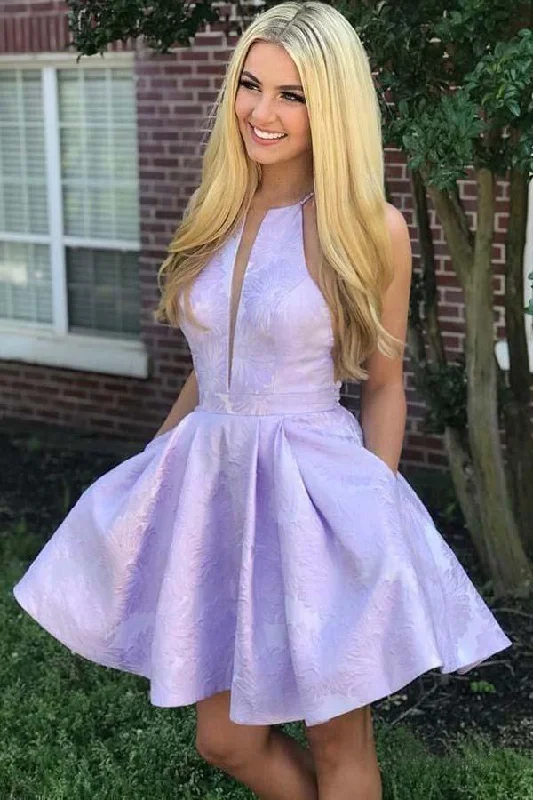Party dresses with a metallic - thread embroidery for a luxurious touchA-Line Crew Above-Knee Lilac Satin Homecoming Dress with Pockets PD271 Party dresses with a metallic - thread embroidery for a luxurious touchA-Line Crew Above-Knee Lilac Satin Homecoming Dress with Pockets PD271