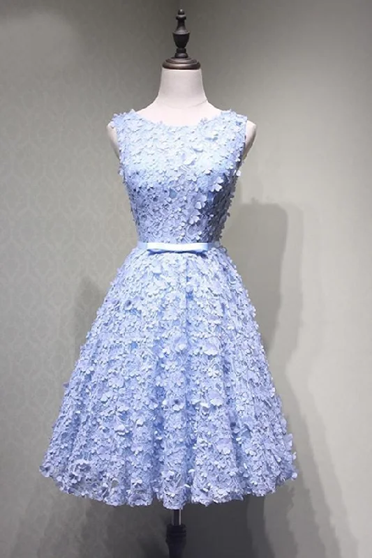 A - line party dresses with a floral print for spring eventsCrew Knee-Length Open Back Appliques Blue Lace Homecoming Dress PG114 A - line party dresses with a floral print for spring eventsCrew Knee-Length Open Back Appliques Blue Lace Homecoming Dress PG114