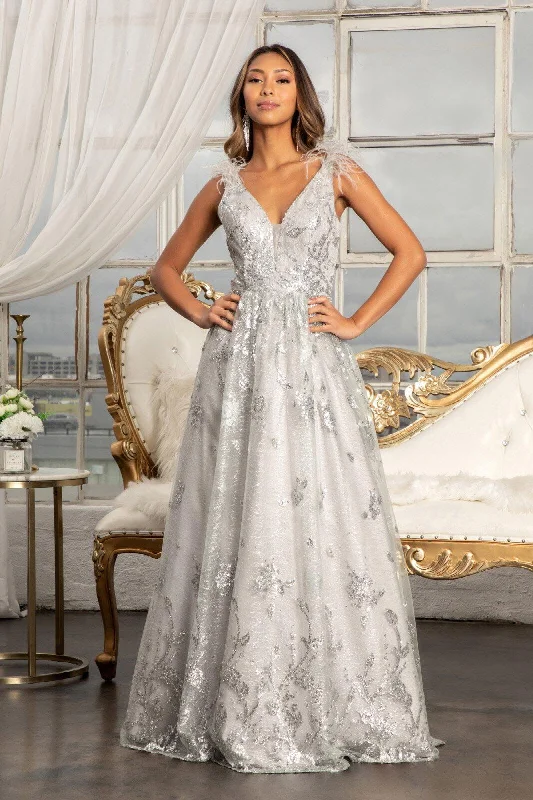 Bodycon dress with a peplum hem​Long Sleeveless Formal Feather Shoulder Prom Dress