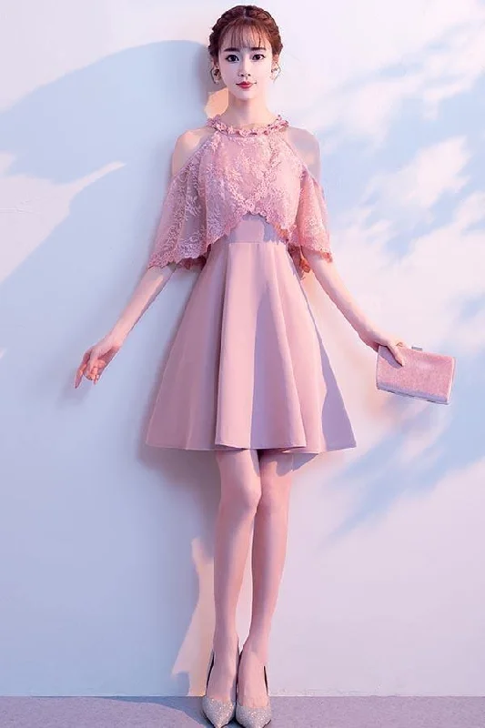 Party dresses with a V - neck design to enhance the necklineA-line High Neck Satin Pink Homecoming Dresses Party Dresses PD089 Party dresses with a V - neck design to enhance the necklineA-line High Neck Satin Pink Homecoming Dresses Party Dresses PD089