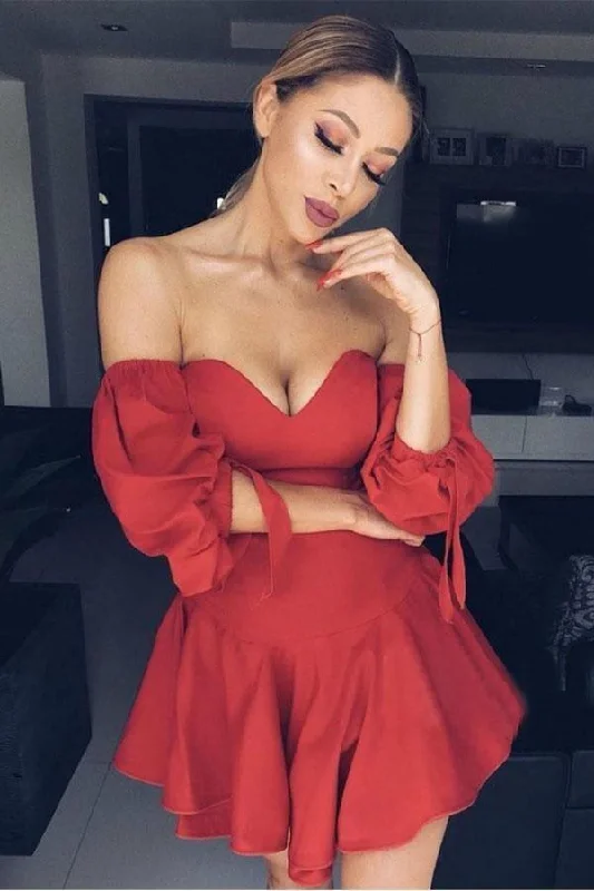 Party dresses with a polka - dot pattern for a classic and playful style​A-Line Red Satin Off the Shoulder Puff Sleeve Homecoming Dress  PD253