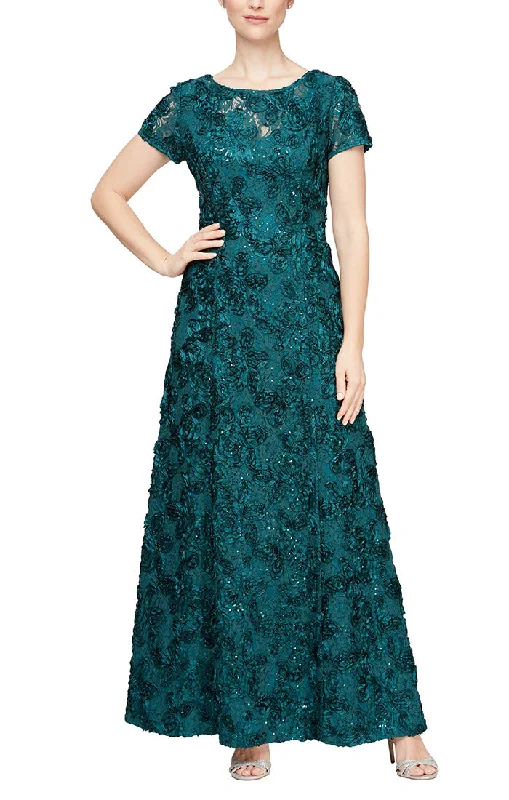 One - shoulder wedding guest dresses with beaded detailsRosette A-Line Gown with Sequin Detail & Short Illusion Sleeves One - shoulder wedding guest dresses with beaded detailsRosette A-Line Gown with Sequin Detail & Short Illusion Sleeves